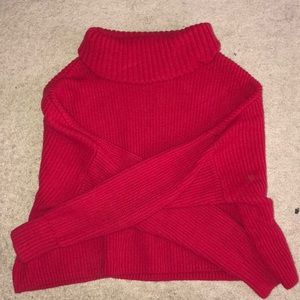 red cropped knit turtle neck sweater